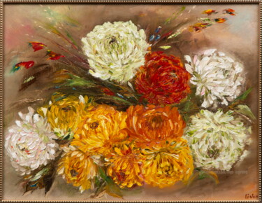 Картина под названием "Chrysanthemums" - Inga Loginova, Подлинное произведение искусства, Масло Установлен на Деревянная рам…