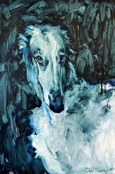 Painting titled "White Dog 2" by Inga Makarova, Original Artwork, Oil Mounted on Wood Stretcher frame