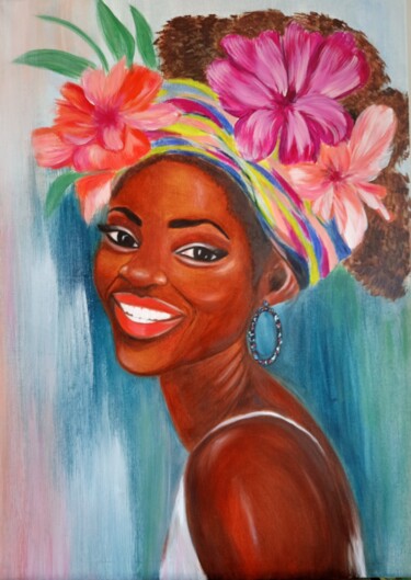 Pittura intitolato "African girl with f…" da Inga Shaihrazieva, Opera d'arte originale, Olio Montato su Telaio per barella i…