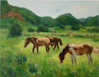 「Horses on the pastu…」というタイトルの絵画 Inga Shaihrazievaによって, オリジナルのアートワーク, オイル ウッドストレッチャーフレームにマウント