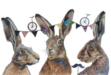 Pintura intitulada "''Very Happy Hares…" por Ingaside, Obras de arte originais, Aquarela