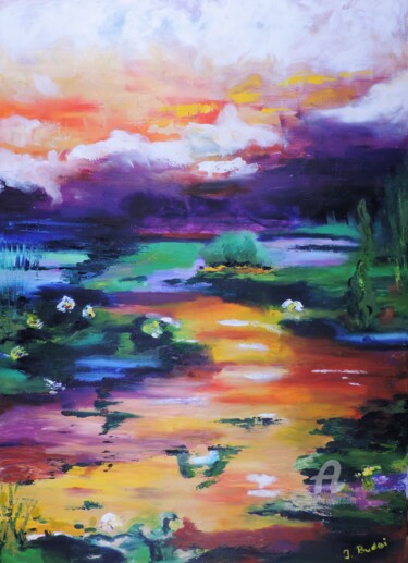 Painting titled "nénuphars sur eau" by Ingrid Budai, Original Artwork, Oil Mounted on Wood Stretcher frame