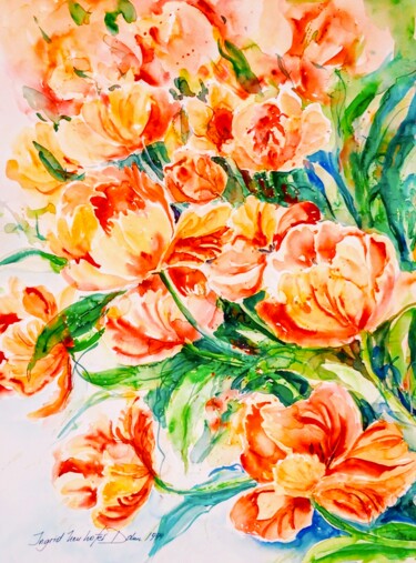 Pittura intitolato "Blossoming Tulips" da Ingrid Dohm, Opera d'arte originale, Acquarello