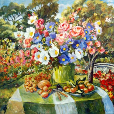 Pintura intitulada "Garden Picnic" por Ingrid Dohm, Obras de arte originais, Óleo