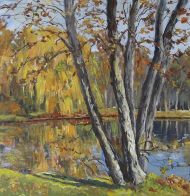 Painting titled "Midway Vllage Pond" by Ingrid Dohm, Original Artwork, Oil