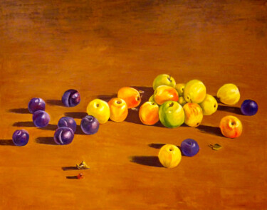 Картина под названием "Plums and Apples" - Ingrid Dohm, Подлинное произведение искусства, Масло