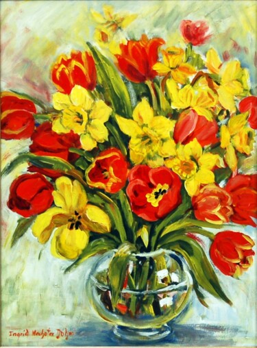 Painting titled "Tulips and Daffodils" by Ingrid Dohm, Original Artwork