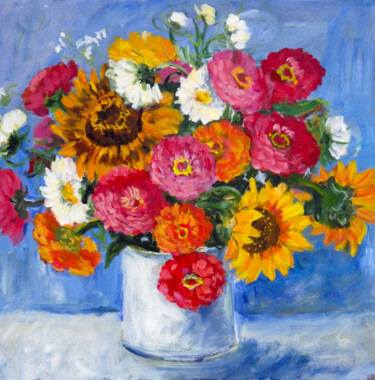 Schilderij getiteld "Zinnias ad Sunflowe…" door Ingrid Dohm, Origineel Kunstwerk, Acryl