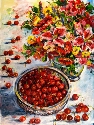 Painting titled "Cherries" by Ingrid Dohm, Original Artwork, Acrylic