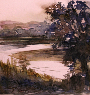 Peinture intitulée "Soir sur la rivière" par Ingrid Johann, Œuvre d'art originale, Aquarelle