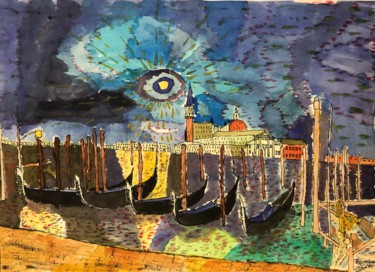 Рисунок под названием "Вечер в Венеции" - Себини, Подлинное произведение искусства, Акварель