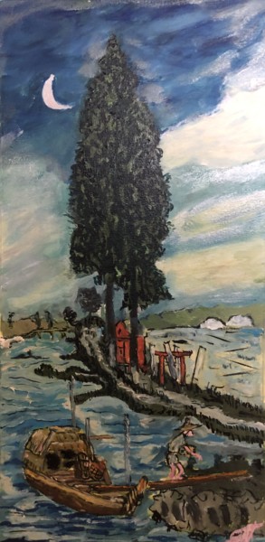 Pittura intitolato "Пейзаж с деревом и…" da Sebini, Opera d'arte originale, Olio