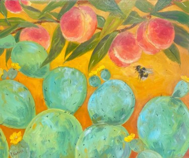 Pittura intitolato "Cactus Peach Bumble…" da Inna Kalenychenko, Opera d'arte originale, Olio