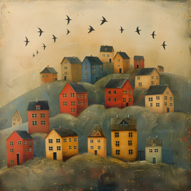 Digital Arts με τίτλο "The houses and birds" από Inna Mamonova, Αυθεντικά έργα τέχνης, Εικόνα που δημιουργήθηκε με AI