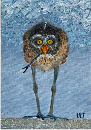 Painting titled "Funny bird painting…" by Inna Martynenko, Original Artwork, Oil Mounted on Wood Panel