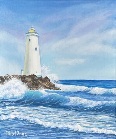 Painting titled "Lighthouse Painting" by Inna Martynenko, Original Artwork, Oil Mounted on Wood Stretcher frame
