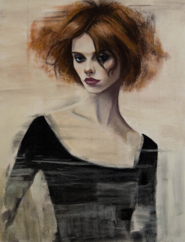 Zeichnungen mit dem Titel "Redhead in black" von Inna Medvedeva, Original-Kunstwerk, Pastell
