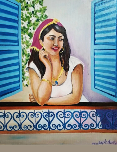 Ζωγραφική με τίτλο "Femme au balcon" από Insaf Belkhodja, Αυθεντικά έργα τέχνης, Λάδι