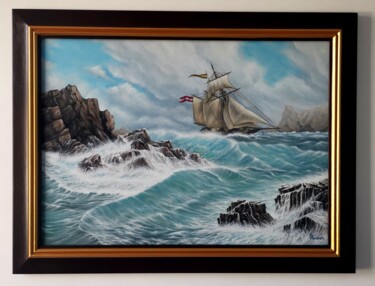 Schilderij getiteld "Marine" door Ionel Pascar, Origineel Kunstwerk, Olie Gemonteerd op Frame voor houten brancard