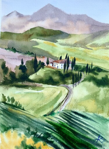 Painting titled "Tuscany fields" by Ira Popovych, Original Artwork, Watercolor