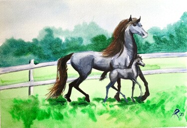 Schilderij getiteld "Mare with foal" door Ira Popovych, Origineel Kunstwerk, Aquarel