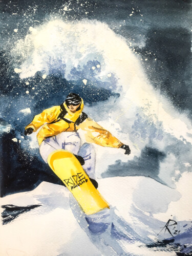 Pintura intitulada "Snowboarder in yell…" por Ira Popovych, Obras de arte originais, Aquarela