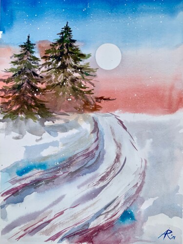 Painting titled "Snowy road to the f…" by Ira Popovych, Original Artwork, Watercolor