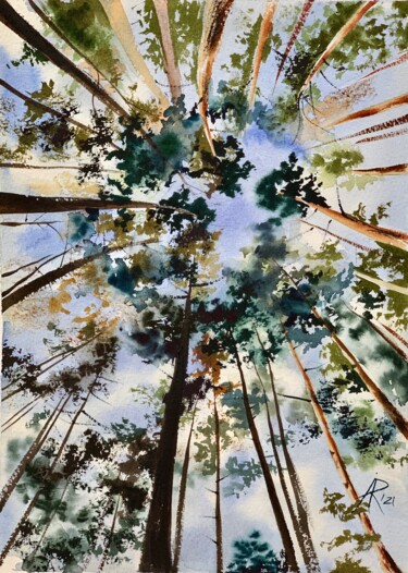 Pintura intitulada "Forest light" por Ira Popovych, Obras de arte originais, Aquarela