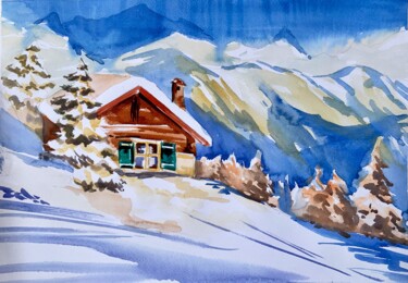 Painting titled "Alpine Snowy House" by Ira Popovych, Original Artwork, Watercolor