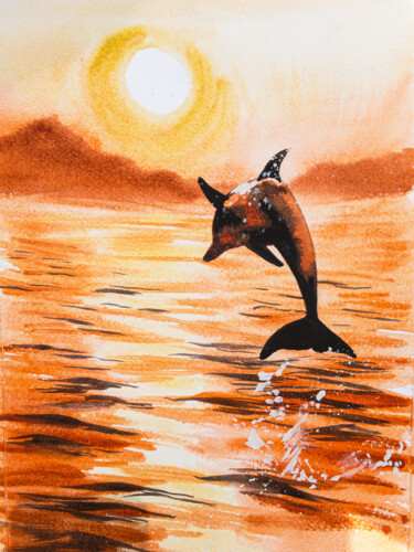 Pintura intitulada "Dolphin in Sunset" por Ira Popovych, Obras de arte originais, Aquarela