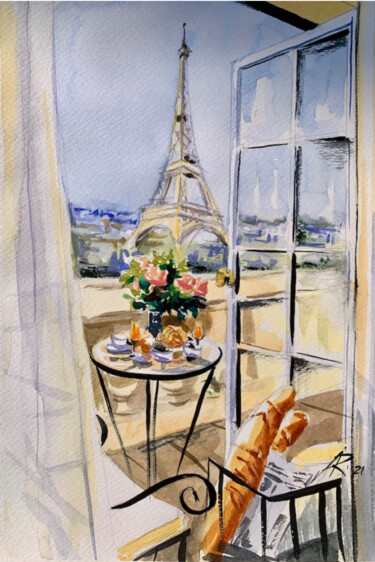 Pintura intitulada "Paris Breakfast" por Ira Popovych, Obras de arte originais, Aquarela