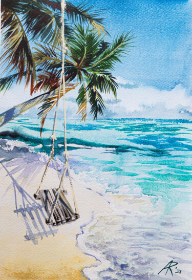 Pintura intitulada "Beach Swing" por Ira Popovych, Obras de arte originais, Aquarela