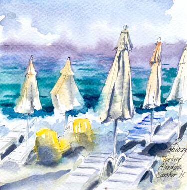 Painting titled "Beach Umbrellas in…" by Ira Popovych, Original Artwork, Watercolor