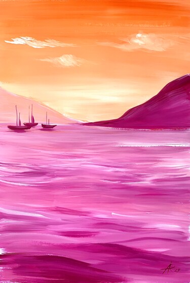 Pintura titulada "Orange-Pink sea sun…" por Ira Popovych, Obra de arte original, Gouache
