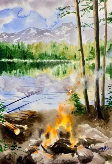 Pintura intitulada "Forest Bonfire" por Ira Popovych, Obras de arte originais, Aquarela