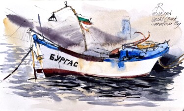 Malerei mit dem Titel "Old Fisher Boat, Sa…" von Ira Popovych, Original-Kunstwerk, Aquarell