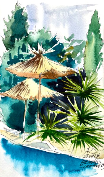 Malerei mit dem Titel "Straw umbrellas at…" von Ira Popovych, Original-Kunstwerk, Aquarell