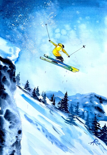 "Jumping Skier" başlıklı Tablo Ira Popovych tarafından, Orijinal sanat, Suluboya