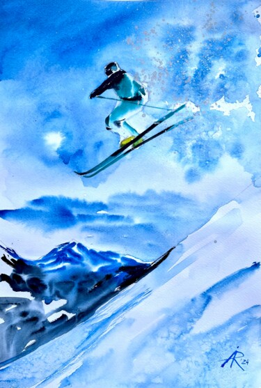 Ζωγραφική με τίτλο "Skier over the moun…" από Ira Popovych, Αυθεντικά έργα τέχνης, Ακουαρέλα