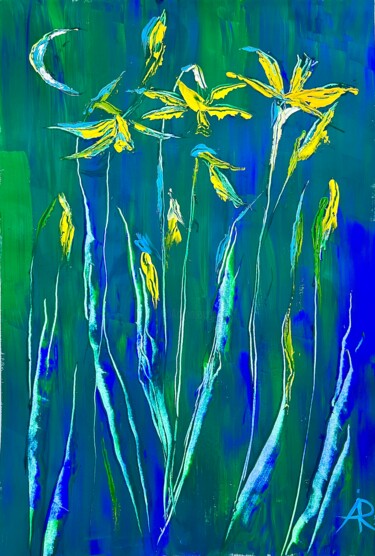 Pintura titulada "NIGHT DAFFODILS ON…" por Ira Popovych, Obra de arte original, Gouache