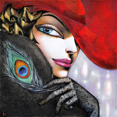 Painting titled "Lady with Peacock F…" by Ira Tsantekidou, Original Artwork, Other