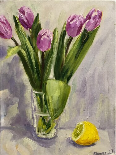 "tulips and lemon" başlıklı Tablo Iryna Karpiak tarafından, Orijinal sanat, Petrol
