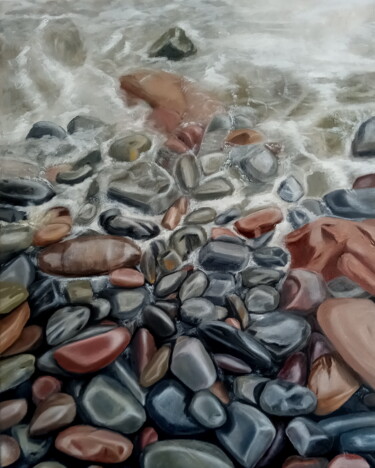 Schilderij getiteld "Seashore" door Ira Whittaker, Origineel Kunstwerk, Olie Gemonteerd op Frame voor houten brancard