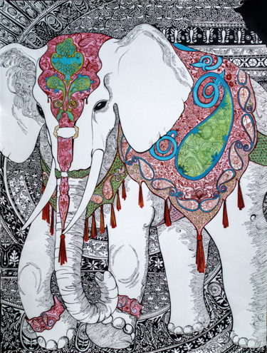 Painting titled "Белый слон" by Irina Mironets, Original Artwork, Digital Print Mounted on Wood Stretcher frame