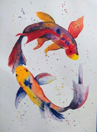 Painting titled "Koi Fish" by İRem Akçalı, Original Artwork, Watercolor