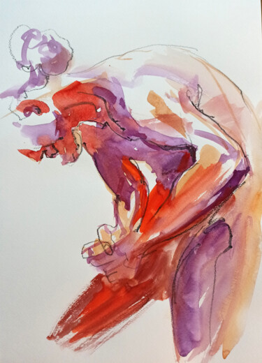 Drawing titled "Nude male athlete" by Irene Bibik-Chkolian, Original Artwork, Watercolor