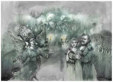 Disegno intitolato "Night muse hunting…" da Irene Vlassova, Opera d'arte originale, Inchiostro