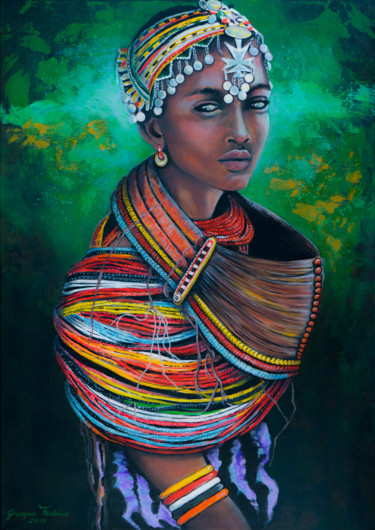 Painting titled "Die Afrikanerin" by Grazyna Federico, Original Artwork, Acrylic