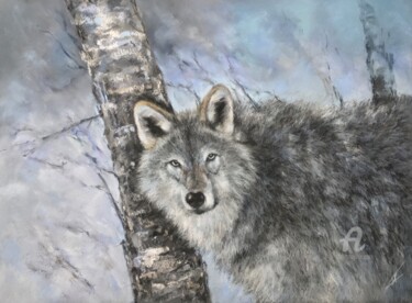 Disegno intitolato "Wolf. Winter forest." da Irene_art, Opera d'arte originale, Pastello