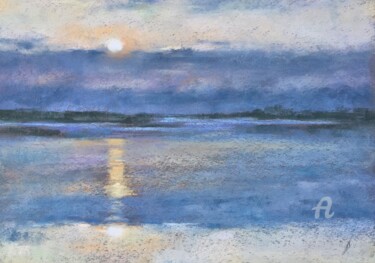 Drawing titled "Sunset on the lake" by Irene_art, Original Artwork, Pastel